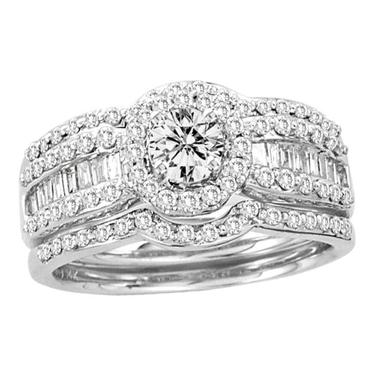 14KT WHITE GOLD ROUND DIAMOND BRIDAL WEDDING RING BAND SET 1 CTTW