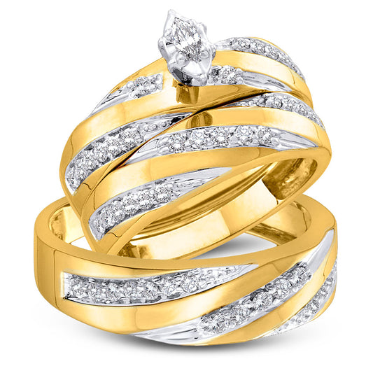 10KT YELLOW GOLD HIS HERS MARQUISE DIAMOND SOLITAIRE MATCHING WEDDING SET 3/4 CTTW