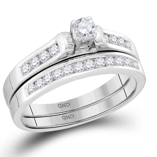 14KT WHITE GOLD ROUND DIAMOND BRIDAL WEDDING RING BAND SET 1/2 CTTW