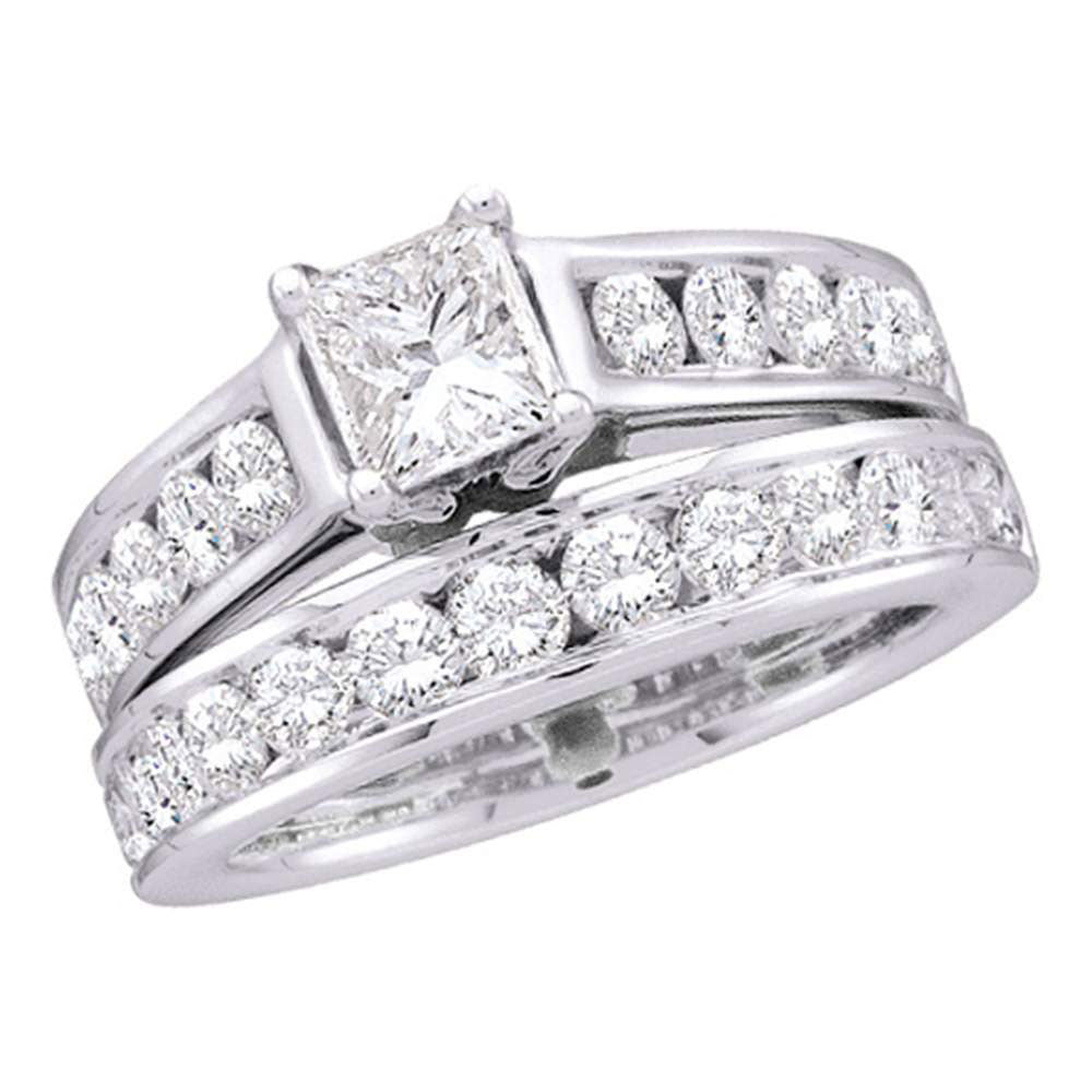 14KT WHITE GOLD PRINCESS DIAMOND BRIDAL WEDDING RING BAND SET 2 CTTW