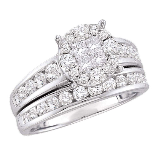 14KT WHITE GOLD DIAMOND CLUSTER BRIDAL WEDDING RING BAND SET 1-3/8 CTTW