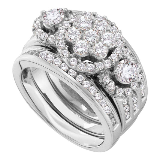 14KT WHITE GOLD ROUND DIAMOND 3-PIECE BRIDAL WEDDING RING BAND SET 2 CTTW