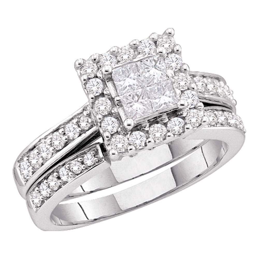 14KT WHITE GOLD PRINCESS DIAMOND HALO BRIDAL WEDDING RING BAND SET 1-1/2 CTTW