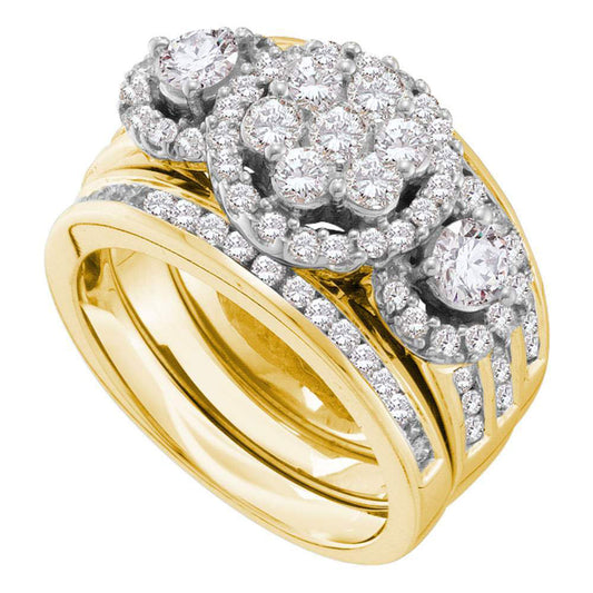 14KT YELLOW GOLD ROUND DIAMOND 3-PIECE BRIDAL WEDDING RING BAND SET 2 CTTW