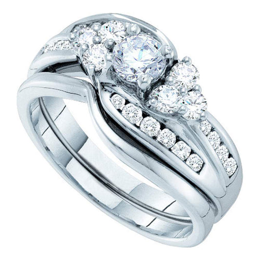 14KT WHITE GOLD ROUND DIAMOND BRIDAL WEDDING RING BAND SET 1 CTTW