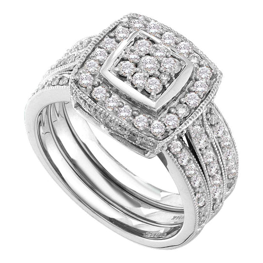 14KT WHITE GOLD DIAMOND CLUSTER 3-PIECE BRIDAL WEDDING RING BAND SET 1 CTTW