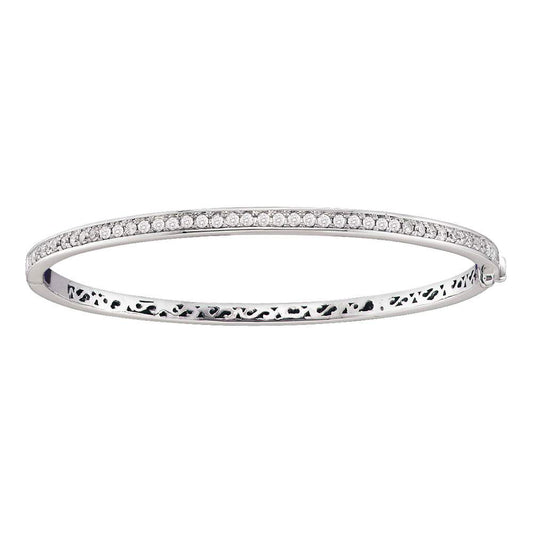 14KT WHITE GOLD WOMENS ROUND DIAMOND CLASSIC SINGLE ROW BANGLE BRACELET 1 CTTW