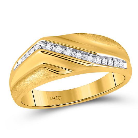 10KT YELLOW GOLD MENS ROUND DIAMOND DIAGONAL SINGLE ROW WEDDING BAND RING 1/8 CTTW