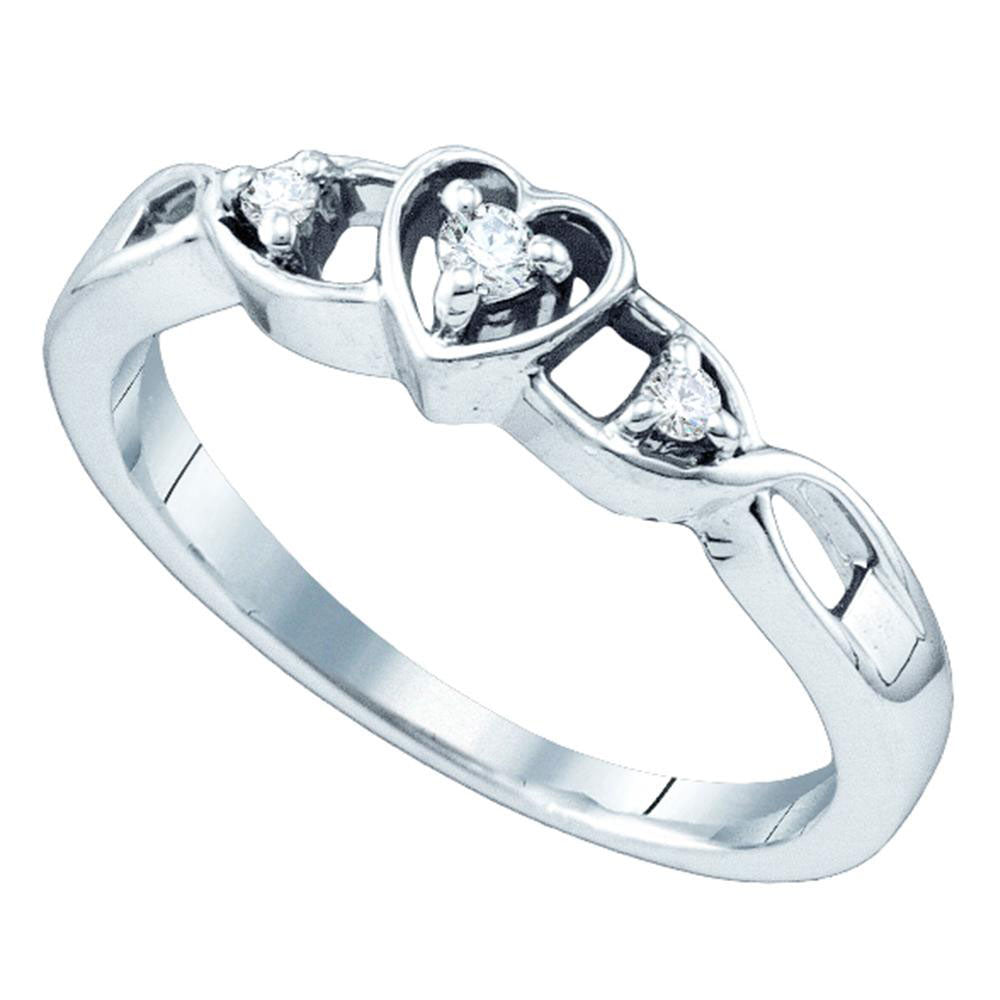 STERLING SILVER WOMENS ROUND DIAMOND 3-STONE HEART PROMISE RING 1/10 CTTW