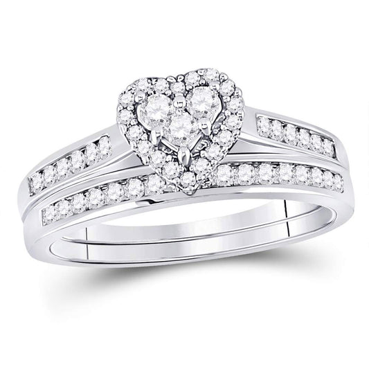 14KT WHITE GOLD DIAMOND HEART BRIDAL WEDDING RING BAND SET 1/2 CTTW