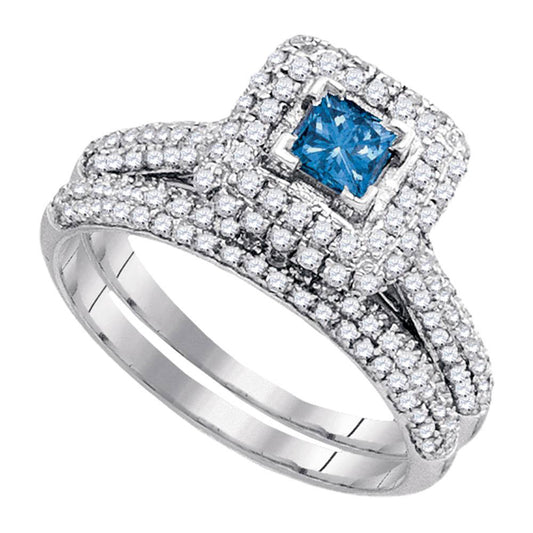 14KT WHITE GOLD PRINCESS BLUE COLOR ENHANCED DIAMOND BRIDAL WEDDING RING SET 1-1/4 CTTW