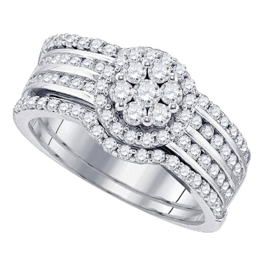 14KT WHITE GOLD ROUND DIAMOND CLUSTER BRIDAL WEDDING RING BAND SET 1 CTTW