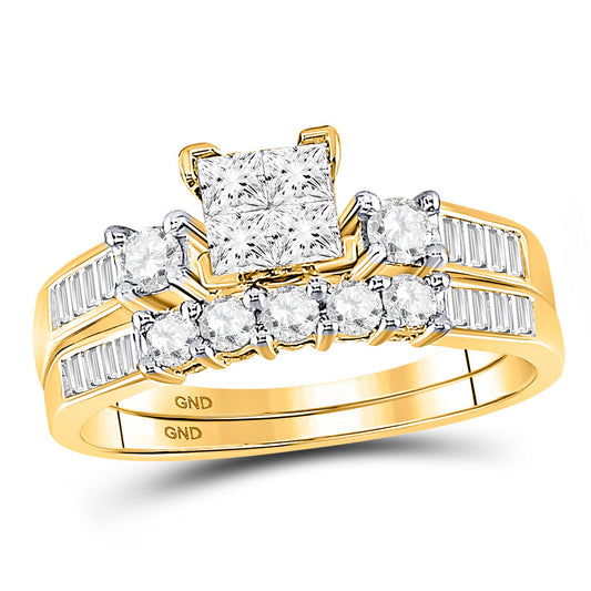 10KT YELLOW GOLD PRINCESS DIAMOND CLUSTER BRIDAL WEDDING RING BAND SET 7/8 CTTW