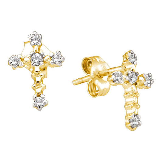 10KT YELLOW GOLD WOMENS ROUND DIAMOND CROSS EARRINGS 1/20 CTTW