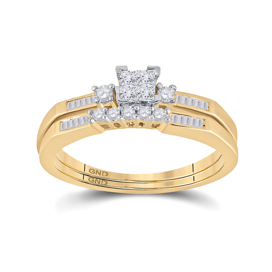 10KT YELLOW GOLD PRINCESS DIAMOND BRIDAL WEDDING RING BAND SET 1/3 CTTW