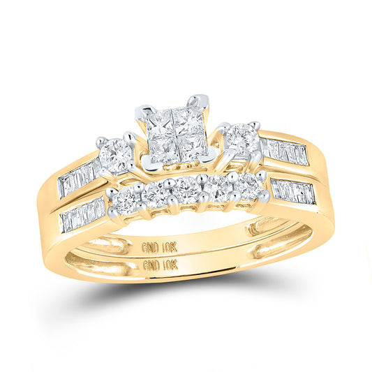 10KT YELLOW GOLD PRINCESS DIAMOND BRIDAL WEDDING RING BAND SET 3/8 CTTW