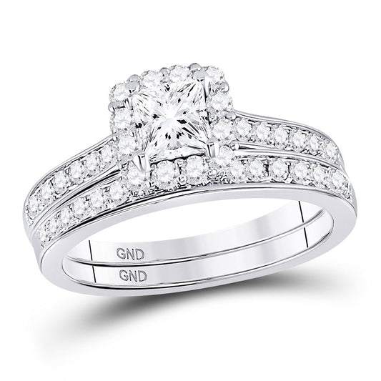 14KT WHITE GOLD PRINCESS DIAMOND HALO BRIDAL WEDDING RING BAND SET 1-1/4 CTTW