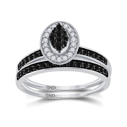 STERLING SILVER ROUND BLACK COLOR ENHANCED DIAMOND BRIDAL WEDDING RING BAND SET 1/2 CTTW