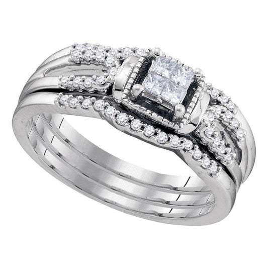 10KT WHITE GOLD PRINCESS DIAMOND 3-PIECE BRIDAL WEDDING RING BAND SET 1/4 CTTW