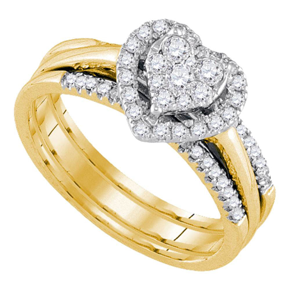 14KT YELLOW GOLD DIAMOND HEART BRIDAL WEDDING RING BAND SET 1/2 CTTW