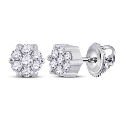 14KT WHITE GOLD WOMENS ROUND DIAMOND FLOWER CLUSTER EARRINGS 1/6 CTTW