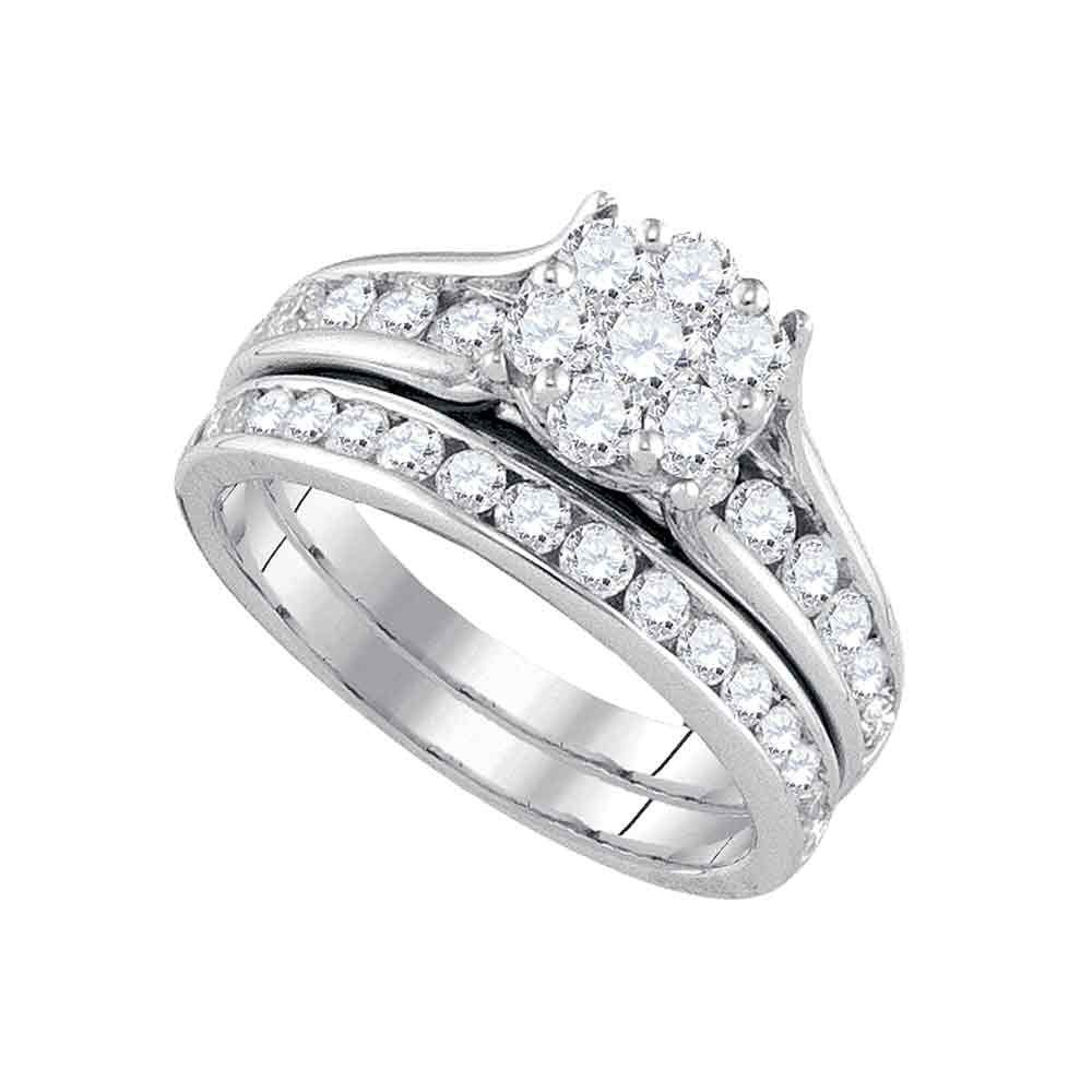 14KT WHITE GOLD ROUND DIAMOND CLUSTER BRIDAL WEDDING RING BAND SET 1-1/2 CTTW