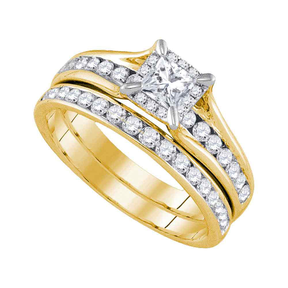 14KT YELLOW GOLD PRINCESS DIAMOND BRIDAL WEDDING RING BAND SET 1 CTTW