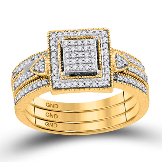 10KT YELLOW GOLD DIAMOND SQUARE 3-PIECE BRIDAL WEDDING RING BAND SET 1/3 CTTW