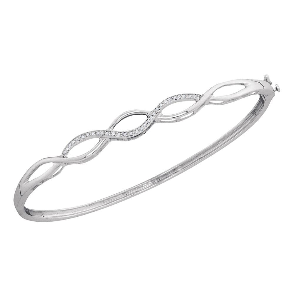 STERLING SILVER WOMENS ROUND DIAMOND DOUBLE HEART BANGLE BRACELET 1/20 CTTW94510