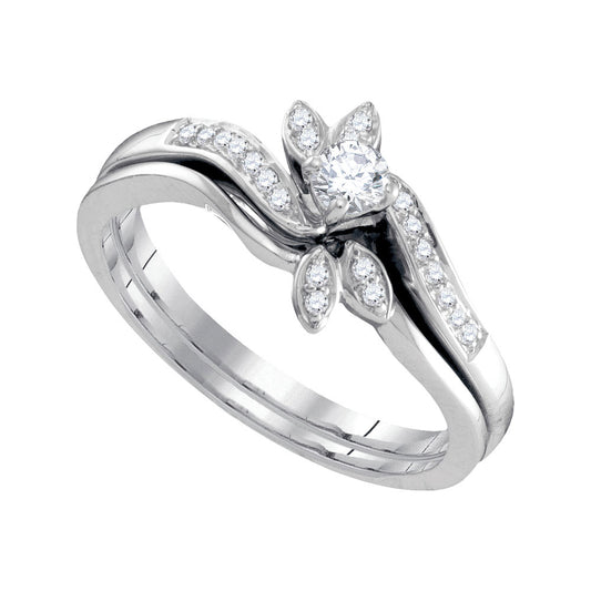 10KT WHITE GOLD ROUND DIAMOND LEAF FLORAL BRIDAL WEDDING RING BAND SET 1/4 CTTW