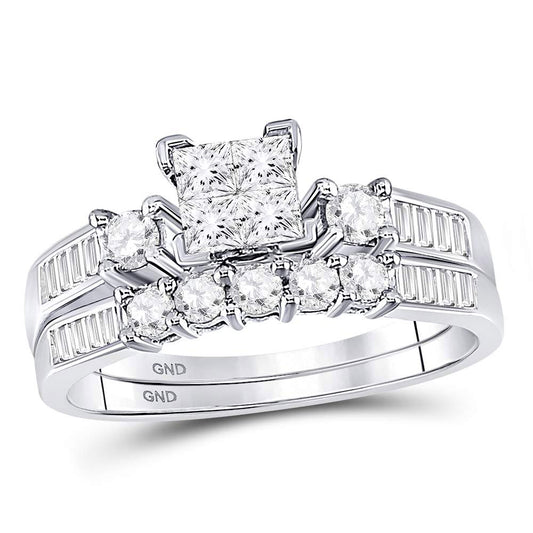 14KT WHITE GOLD PRINCESS DIAMOND BRIDAL WEDDING RING BAND SET 7/8 CTTW