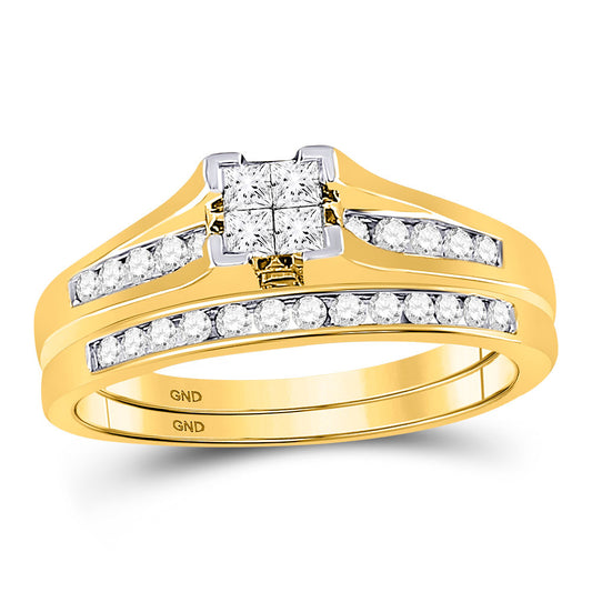 14KT YELLOW GOLD PRINCESS DIAMOND BRIDAL WEDDING RING BAND SET 1/2 CTTW