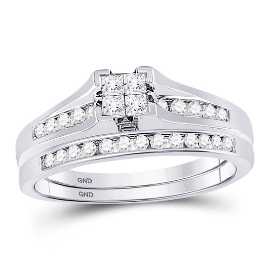 14KT WHITE GOLD PRINCESS DIAMOND BRIDAL WEDDING RING BAND SET 1/2 CTTW