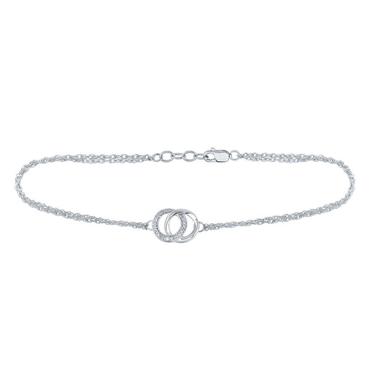 STERLING SILVER WOMENS ROUND DIAMOND LINKED DOUBLE CIRCLE FASHION BRACELET 1/20 CTTW