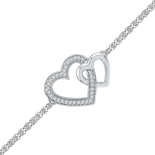 STERLING SILVER WOMENS ROUND DIAMOND DOUBLE HEART CHAIN BRACELET 1/10 CTTW97123