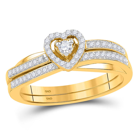 10KT YELLOW GOLD ROUND DIAMOND HEART BRIDAL WEDDING RING BAND SET 1/4 CTTW