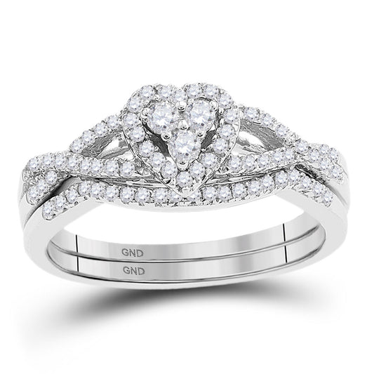 10KT WHITE GOLD ROUND DIAMOND HEART BRIDAL WEDDING RING BAND SET 3/8 CTTW