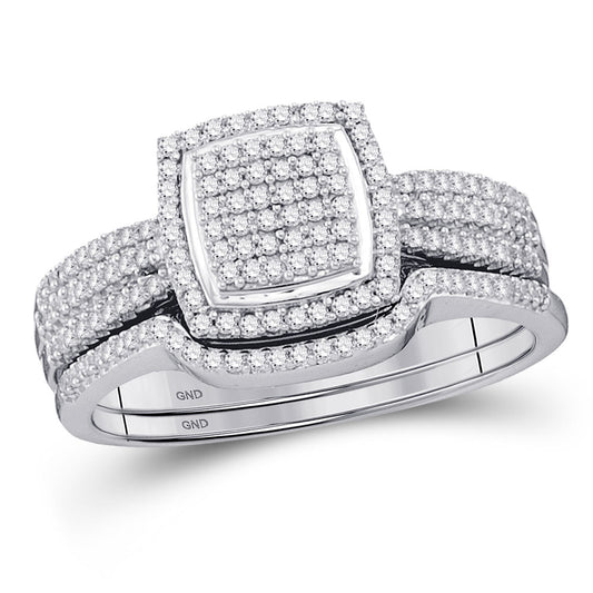 10KT WHITE GOLD ROUND DIAMOND SQUARE BRIDAL WEDDING RING BAND SET 1/2 CTTW