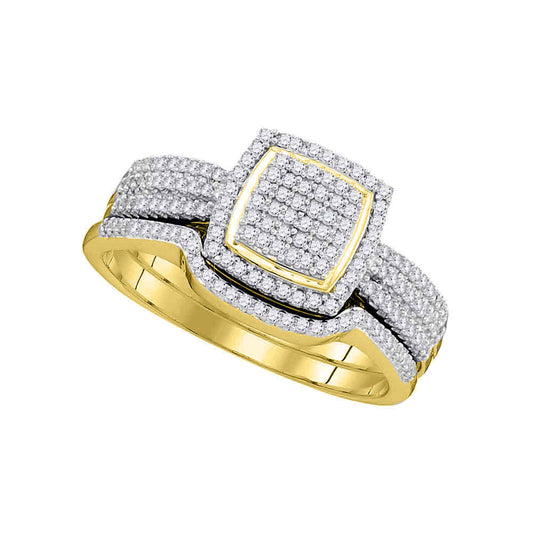 10KT YELLOW GOLD ROUND DIAMOND SQUARE BRIDAL WEDDING RING BAND SET 1/2 CTTW