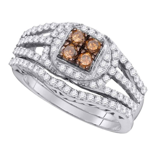 10KT WHITE GOLD WOMENS ROUND BROWN DIAMOND BRIDAL WEDDING RING BAND SET 1 CTTW