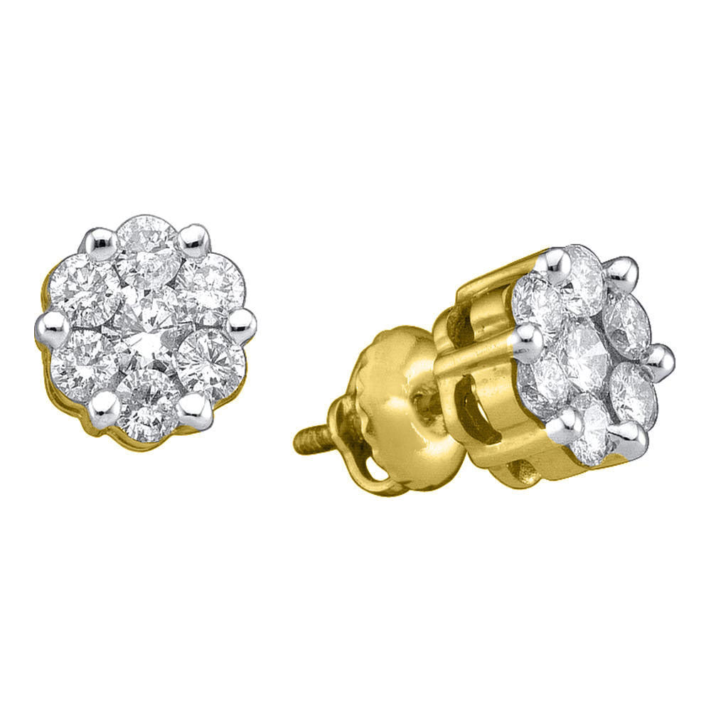 14KT YELLOW GOLD WOMENS ROUND DIAMOND FLOWER CLUSTER EARRINGS 1/2 CTTW