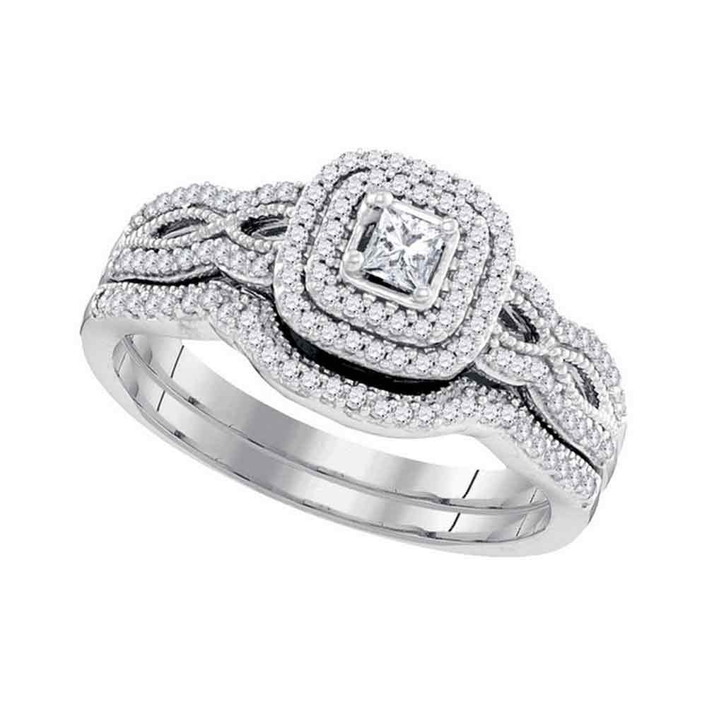 10KT WHITE GOLD PRINCESS DIAMOND HALO BRIDAL WEDDING RING BAND SET 3/8 CTTW